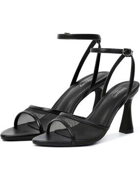Women Black Mesh Pointed Open Toe Strappy Chunky Block Stiletto High Heels Shoes